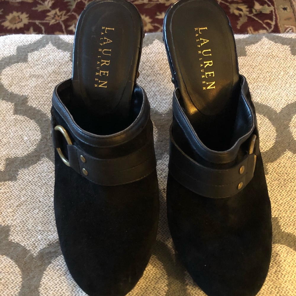Ralph Lauren suede open back wooden block heels